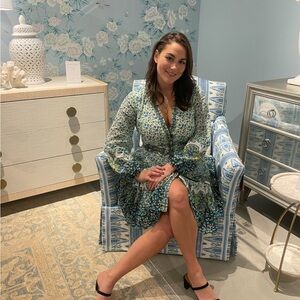 Kobi Halperin Blue and White Fit and Flare Dress with Bishop Sleeves